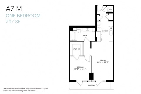 Floor plan for 1 bed, 1 bath, 797 sqft